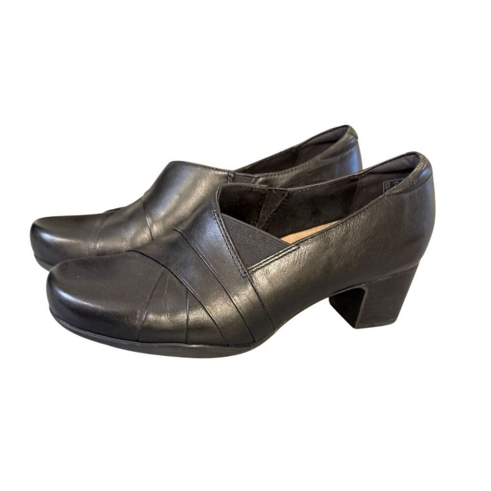 Clarks Rosalyn Adele Soft Leather Loafers Chunky Heels Sz. 8W Black Comfort